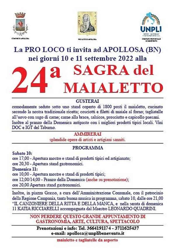 Apollosa (BN)
"24^ Sagra del Maialetto"
10-11 Settembre 2022