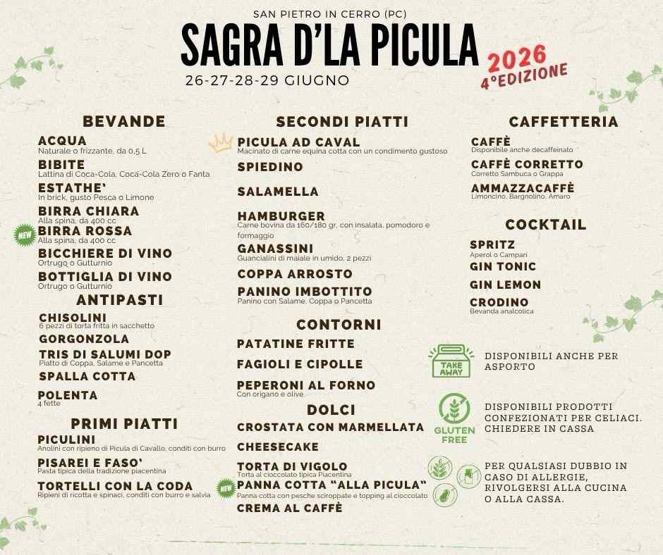 San Pietro in Cerro (PC)
"Sagra d'la Picula"
dal 26 al 29 Giugno 2026