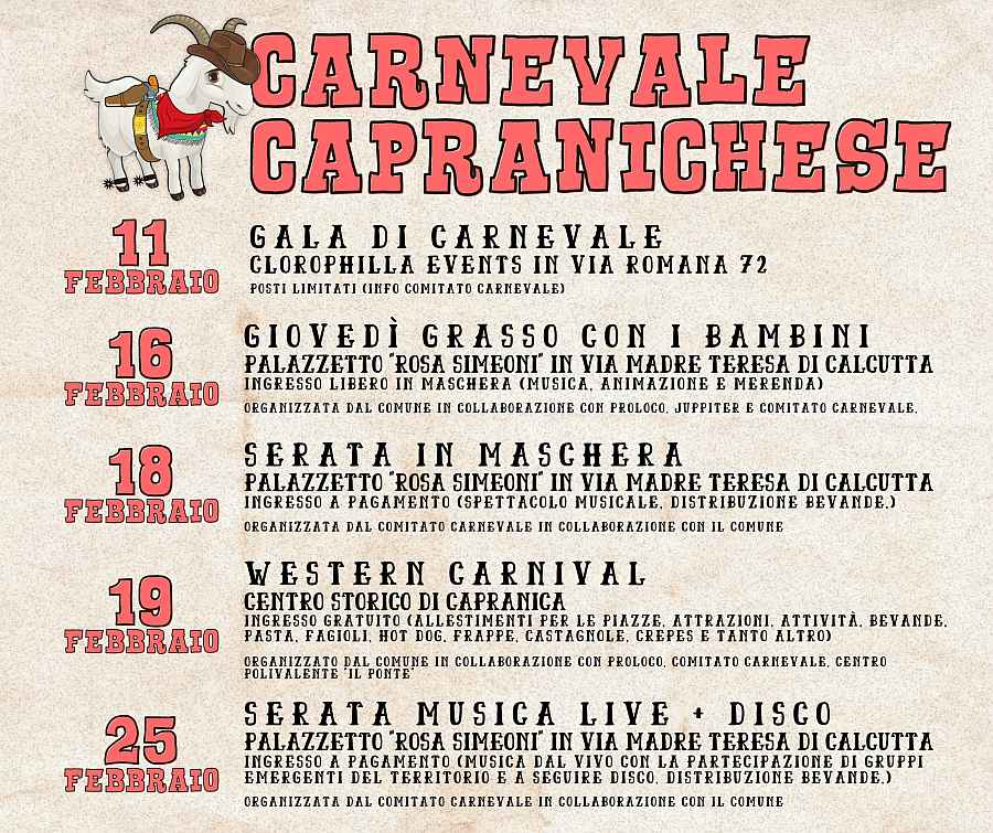 Capranica (VT)
"Carnevale Capranichese"
dall'11 al 25 Febbraio 2023 
