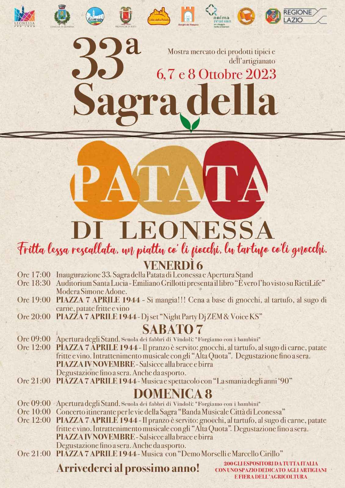 Leonessa (RI)
"32^ Sagra della Patata Leonessana"
7-8-9 Ottobre 2022 
