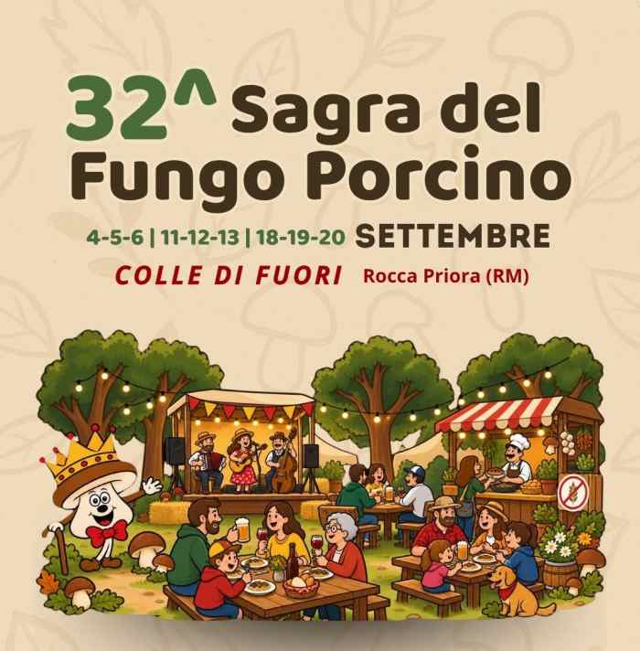 Locandina ufficiale Sagra del Fungo Porcino a Colle di Fuori Rocca Priora dal 4 al 20 Settembre 2026