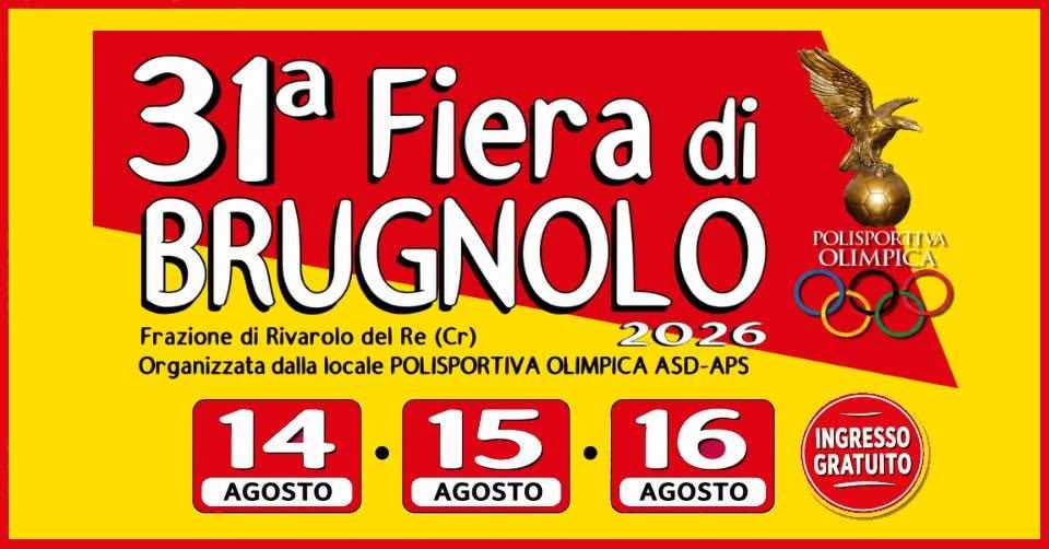 Locandina ufficiale della Fiera di Brugnolo dal 14 al 16 Agosto 2026 con serate musicali e stand gastronomico