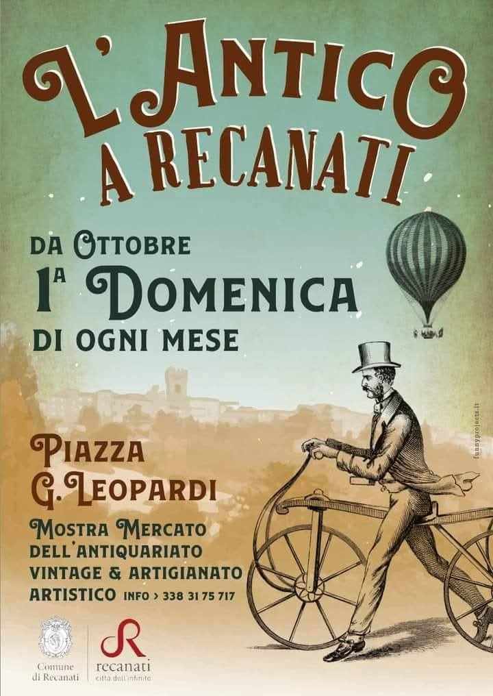 Locandina L'Antico a Recanati - Mercatino antiquariato in Piazza Leopardi ogni 1ª Domenica del mese