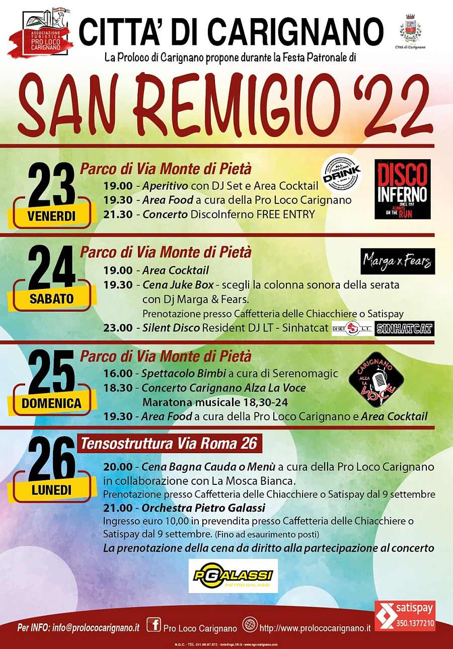 Carignano (TO)
"Festa di San Remigio"
dal 23 al 26 Settembre 2022

