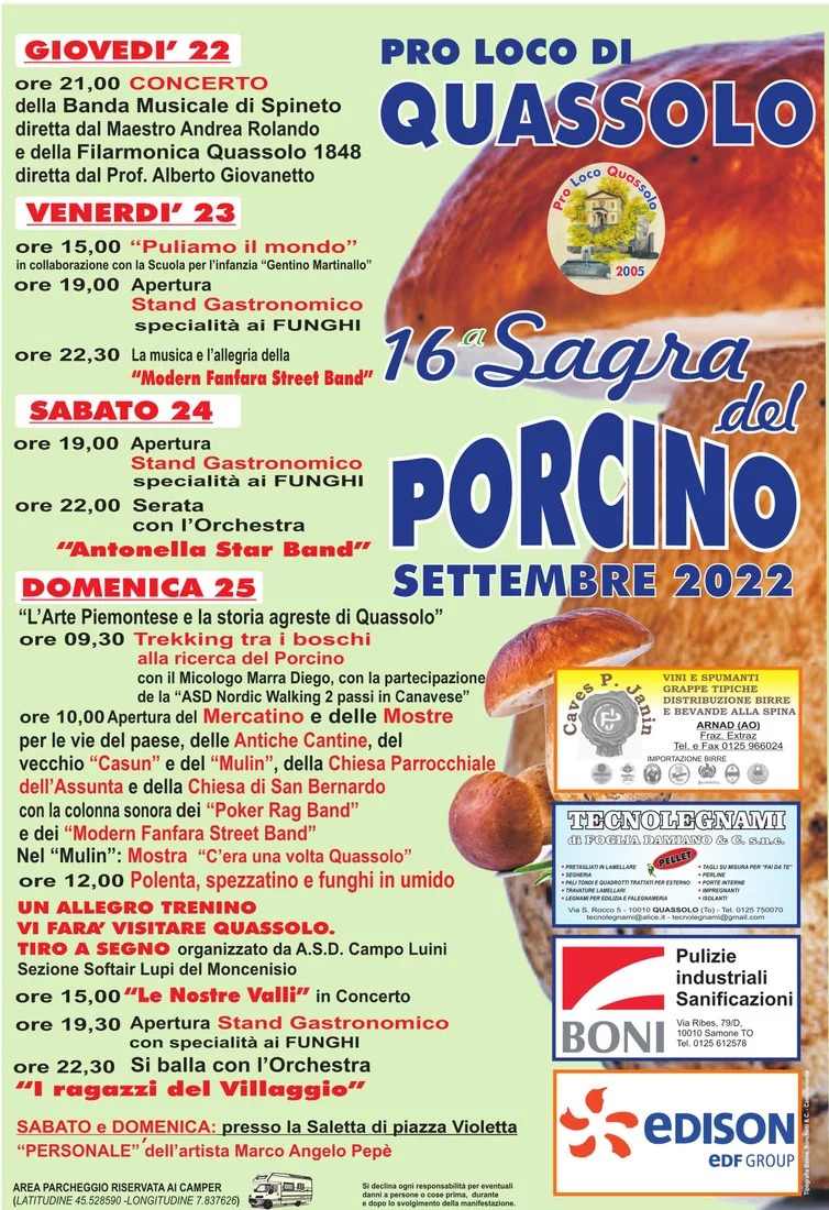 Quassolo (TO)
"16^ Sagra del Porcino"
dal 22 al 25 Settembre 2022
