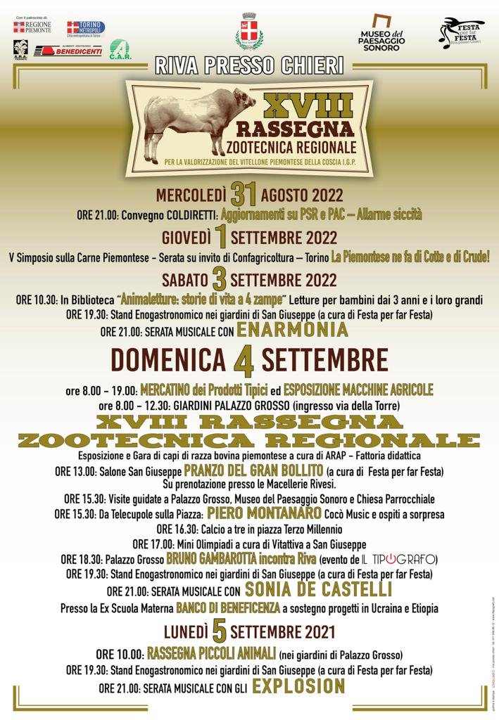 Riva presso Chieri (TO)
"XVIII^ Rassegna Zootecnica Regionale"
dal 31 Agosto al 5 Settembre 2022
