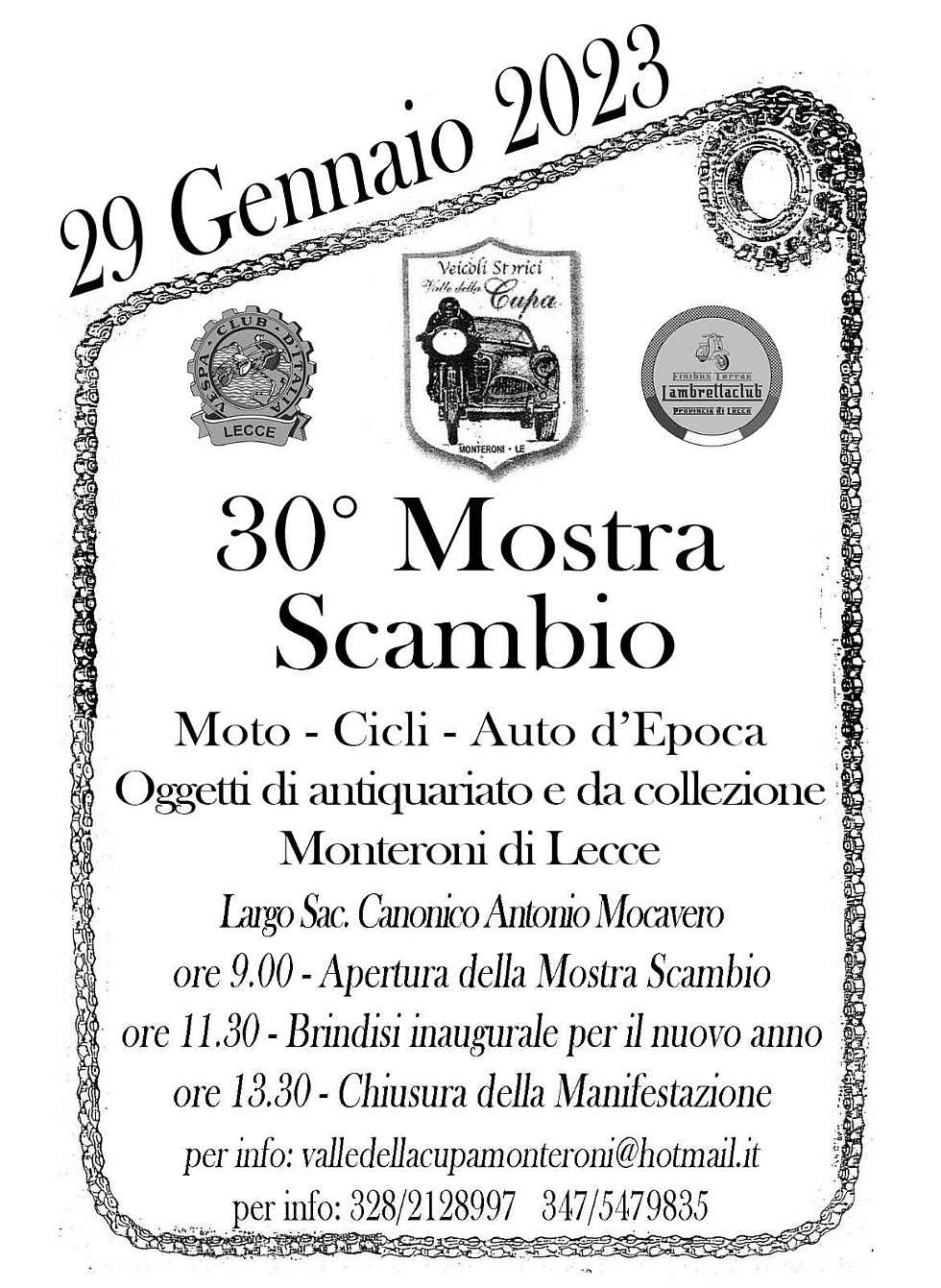 Monteroni di Lecce (LE)
"30^ Mostra Scambio Moto, Cicli, Auto d'epoca"
29 Gennaio 2023
