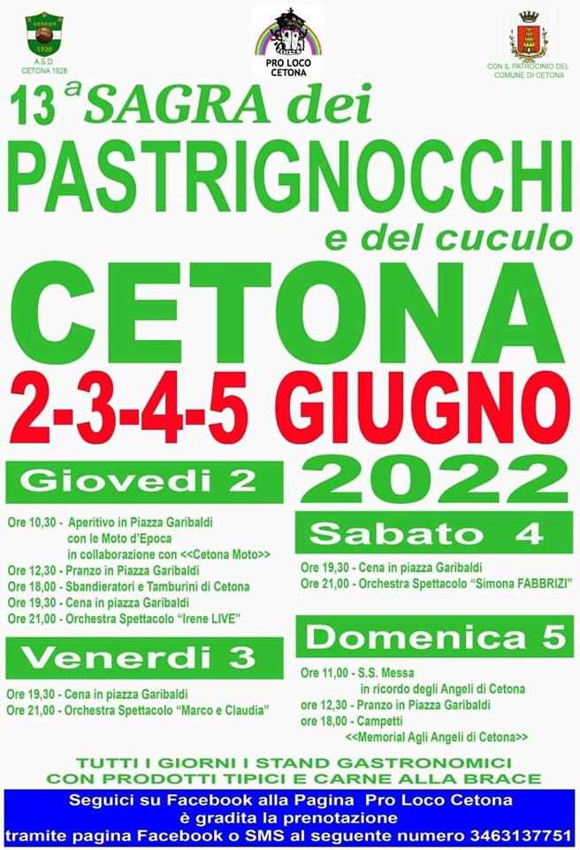Cetona (SI)
"13^ Sagra dei Pastrignocchi e del Cuculo"
dal 2 al 5 Giugno 2022