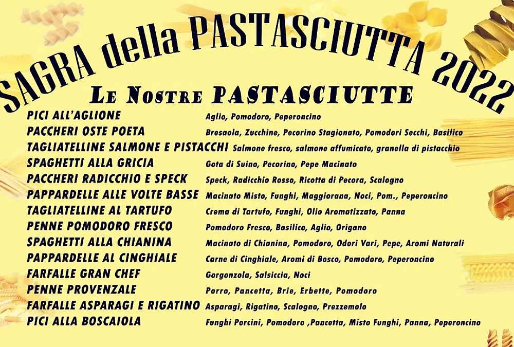 Volte Basse (SI)
"Sagra della Pastasciutta"
dal 27 al 29 Mmaggio dal 2 al 5 e dal 10 al 12 giugno 2022