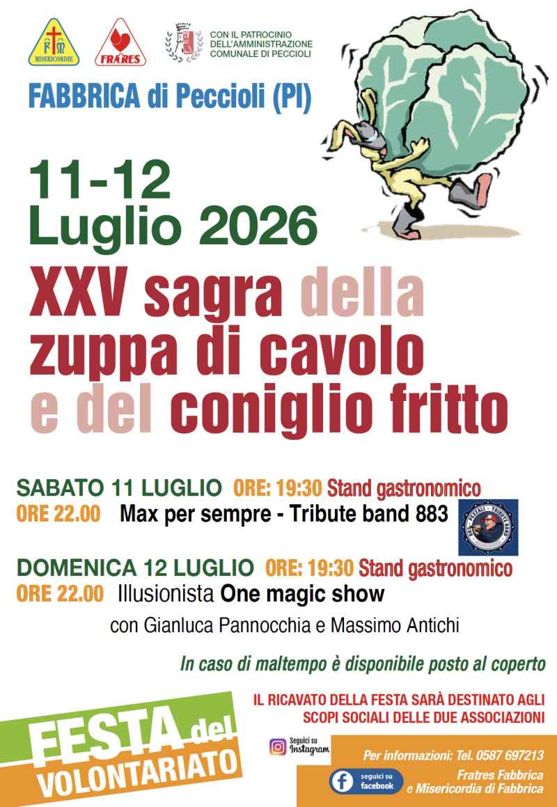 Fabbrica di Peccioli (PI)
"Sagra della Zuppa di Cavolo e del Coniglio Fritto"
11-12 Luglio 2026