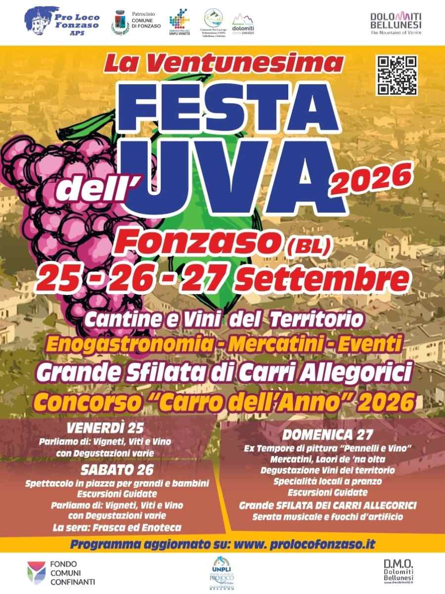Locandina della 21^ Festa dell'Uva a Fonzaso (BL) dal 25 al 27 Settembre 2026